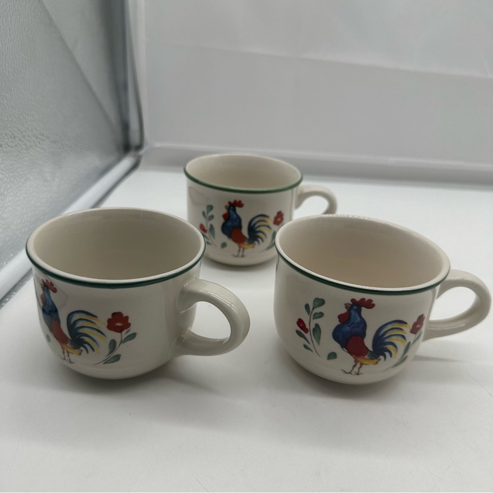 3 Vintage International Tableworks Provence Rooster Stoneware Flat Cups Mugs